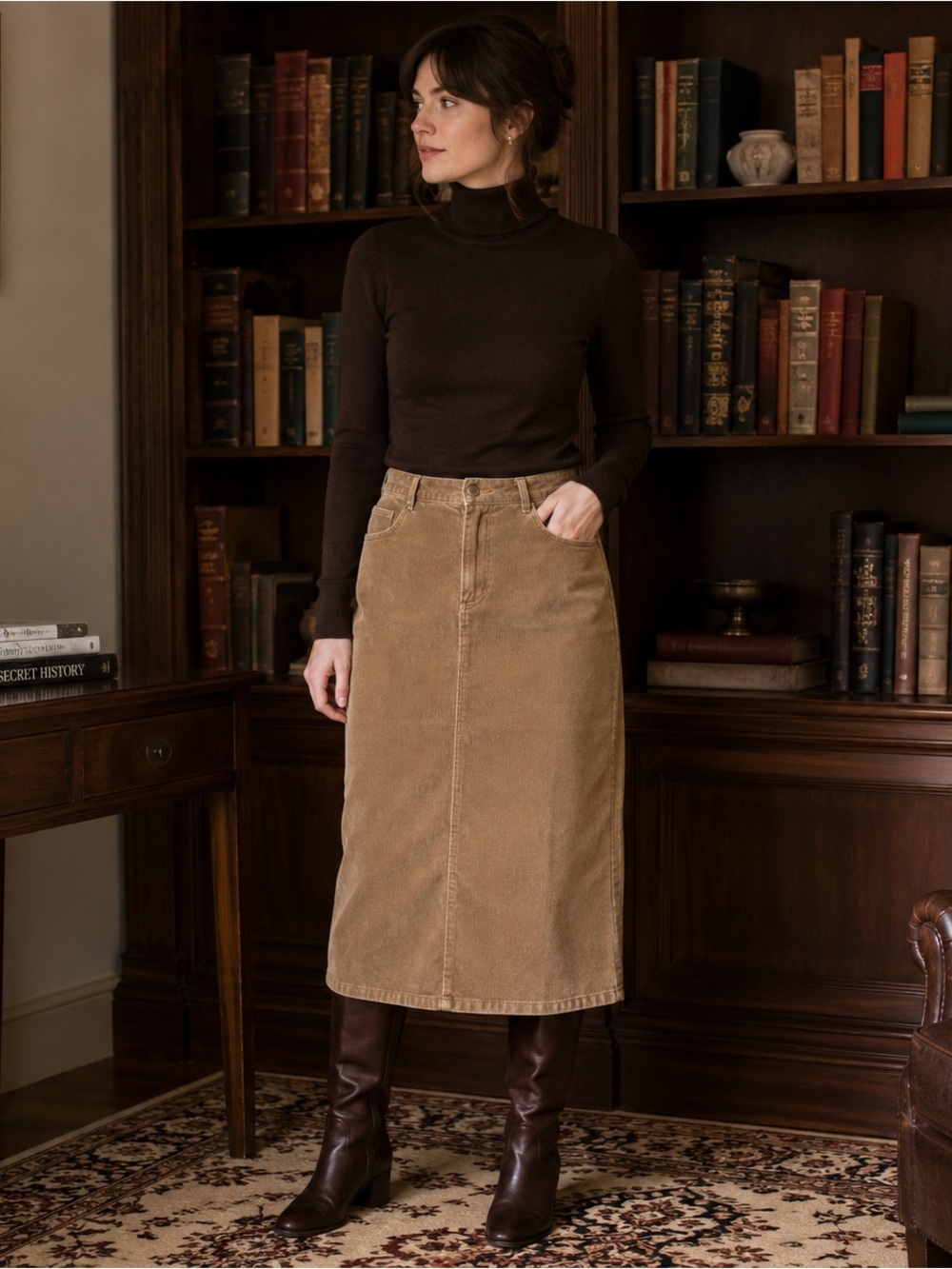 Vintage Sag Harbor Corduroy Midi Skirt Tan Minimalist 90s L